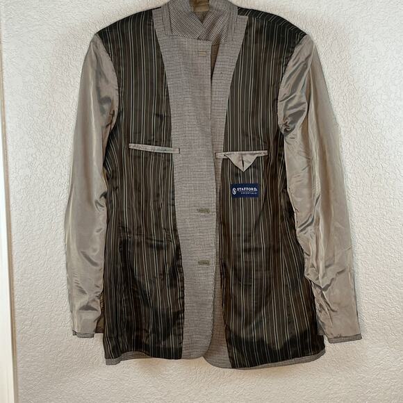 STAFFORD Mens 44L Sport Coat Classic Fit 2 Button Houndstooth Elbow Patches - Picture 6 of 10